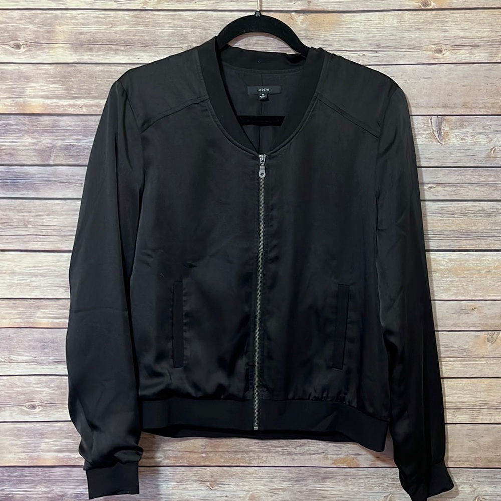 Drew Black Satin Zip Up Jacket EUC Size Medium  F3